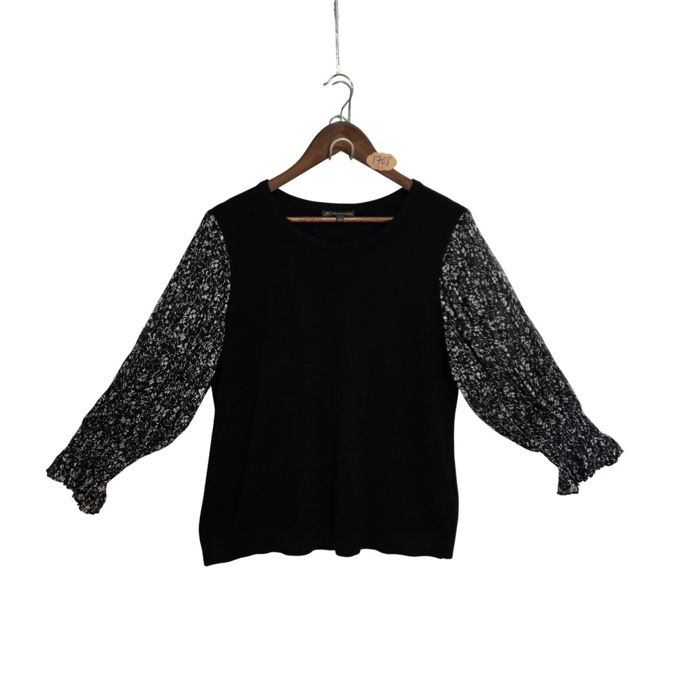 Adrianna Papell Black Knit Top Floral Chiffon Plisse Ruffle Sleeve Crew Neck L